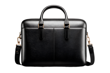 Structured Black Leather Briefcase with Shoulder Strap, Front View, Transparent PNG.