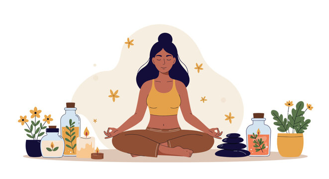 Meditative woman in relaxing yoga pose with essential oils and plants