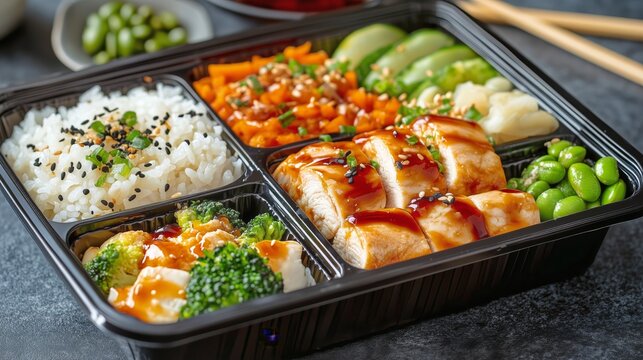 Delicious Bento Box Featuring Grilled Chicken, Rice, Veggies, and Sauce Enjoyed During Lunch Hour