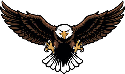 A cartoon bald eagle with brown wings spread wide and talons extended on a white background view