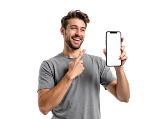 Young man smiling while pointing at smartphone with blank screen isolated on transparent background