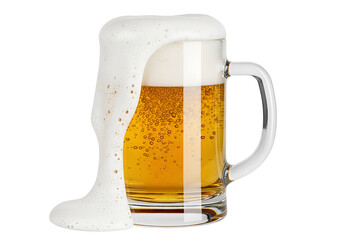 Frothy beer mug overflowing with foam isolated on transparent background
