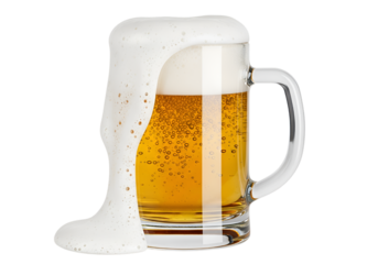 Frothy beer mug overflowing with foam isolated on transparent background