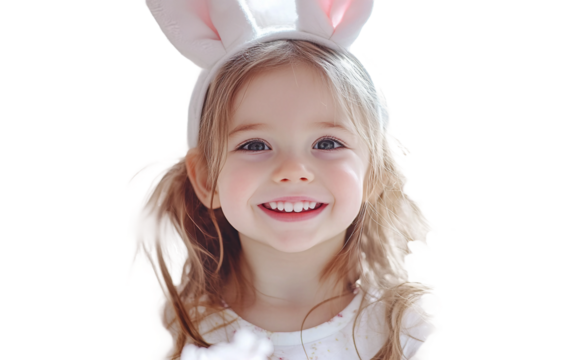 Little girl wearing bunny ears surrounded by festive decorations capturing the joy of spring isolated on transparent background PNG - Powered by Adobe