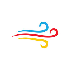 Obraz premium Vibrant Swirling Breeze Icon. Vivid blue, red, and yellow lines convey fluid motion. This elegant graphic represents air, wind, breath, and refreshing currents, ideal for purity or aroma concepts.