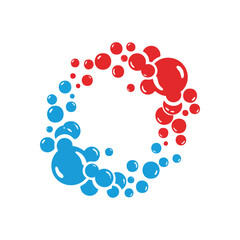 Dynamic Hot Cold Water Cycle. Vivid red and blue globules form an energetic, interconnected ring. Represents opposing forces, harmony, or fluid movement.