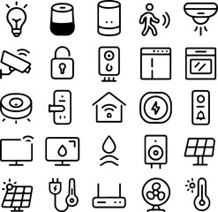 Collection of hand drawn vector icons representing various smart home devices and technologies for modern living and automation