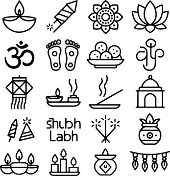 Collection of traditional indian festival icons including diyas fireworks lotuses om symbol and auspicious greetings for celebrations