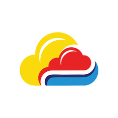 Dynamic Digital Cloud Illustration. An abstract emblem with bright yellow, crimson, and azure segments. Symbolizes secure data storage, network connections, and innovative online services. Perfect.