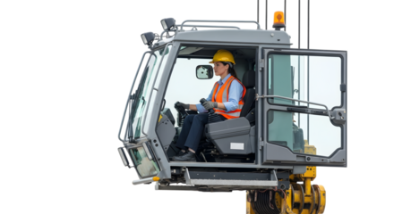 A Female Crane Operator in a High-Visibility Vest Skillfully Maneuvering a Shipping Container with Joysticks on isolated transparent background.