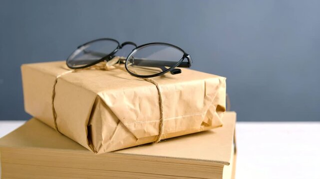 Vintage Eyeglasses Rest on Brown Parcel and Books, Evoking Timeless Study and Thought
