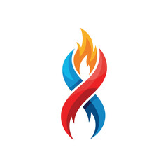 Dynamic Flame Energy Abstract Icon. Vibrant abstract emblem featuring a central blaze embraced by flowing red and blue elements, symbolizing balance and powerful connection.