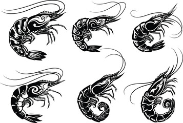 Shrimp silhouette vector set, six ornate seafood illustrations with curved antennae and decorative shell styles, black graphic on white background, isolated culinary artwork for stock use