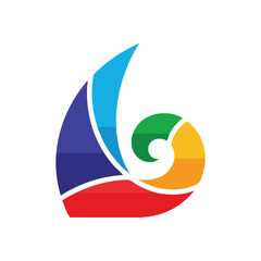 Dynamic Multicolor Sail Swirl. This energetic abstract emblem displays a fluid spiral of bright spectrum hues. It embodies progress, innovation, and interconnectedness.