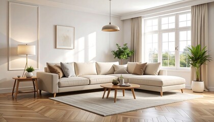 Modern beige living room with natural light