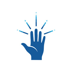 Hand with Radiating Cleanliness. Vibrant blue palm displays outward beams, symbolizing excellent hygiene, pristine purity, and advanced digital interaction. Ideal for health apps.