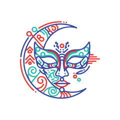 Colorful Celestial Mask Art. This vibrant graphic showcases an enigmatic face design integrated with a lunar crescent, symbolizing ancient mystique and universal wonder.