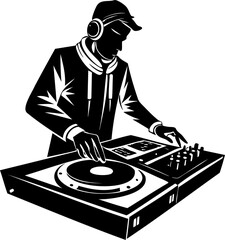 Laser Cut DJ wearing headphones and cap mixing music on turntable with focused expression in monochrome style