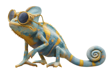 Vibrant Chameleon in Aviator Sunglasses Posing Like a Model, Isolated Character Design, Transparent PNG..