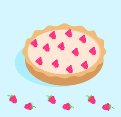 Raspberry flan on a blue background. Vector illustration in cartoon style