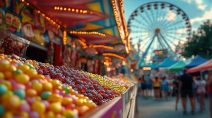 Fototapeta premium Colorful Candy Stall at a Vibrant Fair Near a Large Ferris Wheel in the Evening Light