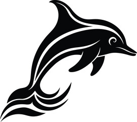 Obraz premium Vector art of stylized black dolphin leaping out of the water, isolated on white background