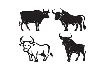 Four stylized bulls in silhouette and outline