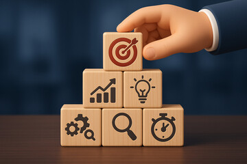 Business strategy concept with stacked wooden blocks showing goal, growth, idea, process, and time management icons on dark background
