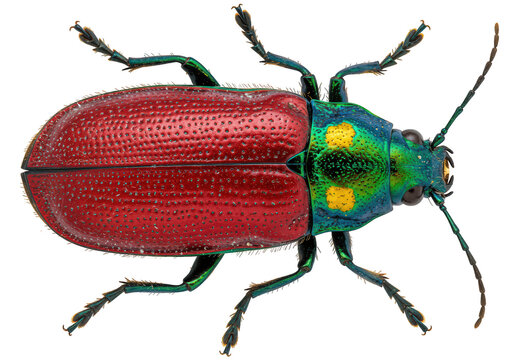 Beetle (Chrysochus pulcher) PNG with transparent background, detailed dorsal view on white.