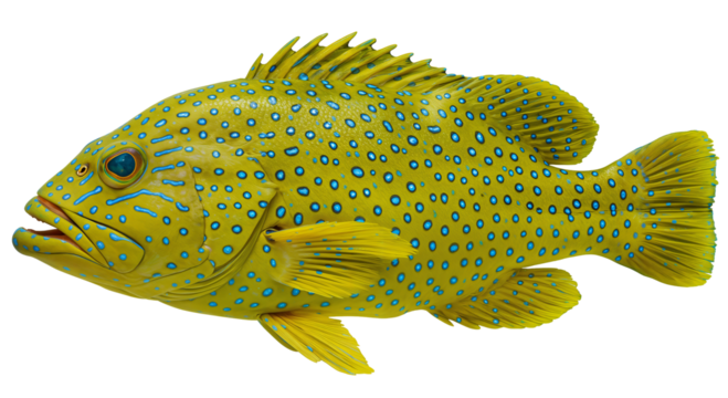 Cephalopholis argus PNG transparent background, detailed yellow-blue tropical fish