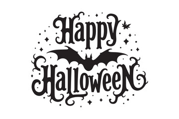Spooky happy halloween text with bat and stars