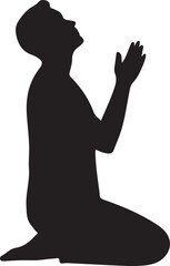 Kneeling prayer silhouette vector, person with raised hands in spiritual pose, black graphic on white, isolated meditative artwork for emotional stock image use