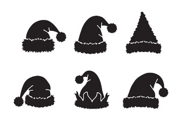 Collection of six black silhouette santa hats with white trim