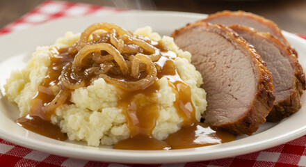 oktoberfest Traditional German Cuisine: Sliced Roast Pork with Mashed Potatoes, Caramelized Onions, and Rich Gravy on a Red Che...