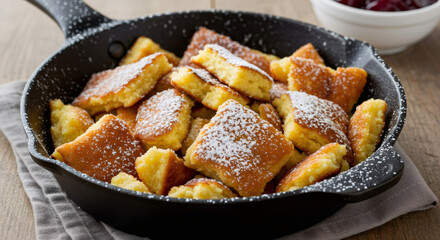 oktoberfest Kaiserschmarrn in a cast iron skillet, golden-brown shredded pancakes dusted with powdered sugar, rustic wooden tab...