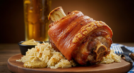 Oktoberfest Roasted Pork Knuckle with Sauerkraut and Mustard - High-quality stock image for commercial use