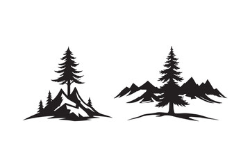 Obraz premium Silhouette of pine trees and mountains in a rustic style
