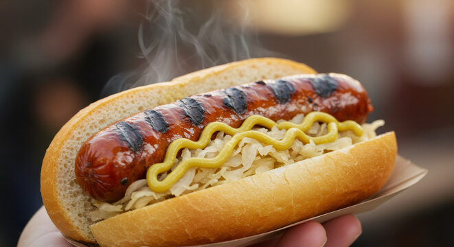 Oktoberfest: A steaming grilled sausage nestled in a golden bun, topped with tangy mustard and sauerkraut, evoking festive Bava...