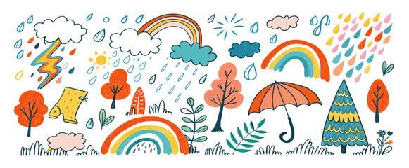 Fototapeta premium Hand-drawn Weather & Nature Elements: Rainbows, Trees, Clouds