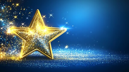 Sparkling gold star on a blue glitter background