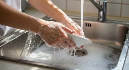 Hands washing dishes in a stainless steel sink with soap suds  