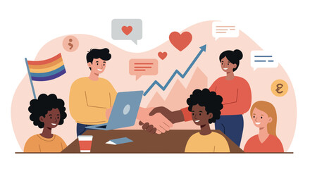 Diverse team collaboration with business growth and pride flag