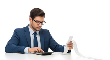 A Hotel Night Auditor Focused on Reconciling Daily Accounts at the Front Desk After Hours on isolated transparent background.