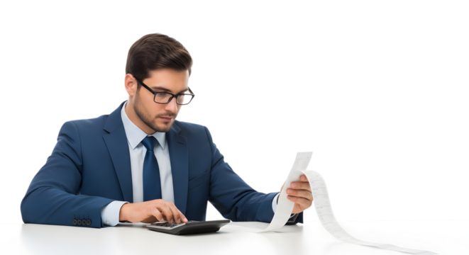 A Hotel Night Auditor Focused on Reconciling Daily Accounts at the Front Desk After Hours on isolated transparent background.