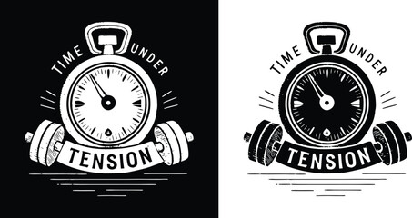 Time Under Tension Motivational Gym Typography Featuring Stopwatch and Dumbbells for Strength Training T Shirt Design