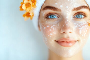Close-up portrait of young woman with blue eyes, towel on head and cleansing foam on face. Natural skincare, beauty routine, fresh and glowing complexion with floral decoration.