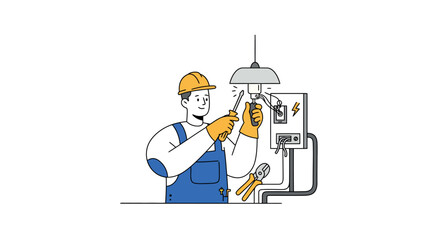Electrician fixing light fixture in modern linear style cartoon design