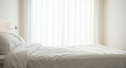 Fototapeta premium Minimalist bedroom with white sheets and natural light, copy space 