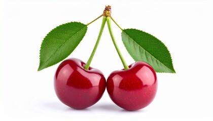 Two glossy red cherries with a shared green stem and twin leaves, isolated on white background. Natural shine highlights their freshness and smooth texture, evoking summertime simplicity and vibrant f