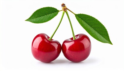 Two glossy red cherries with a shared green stem and twin leaves, isolated on white background. Natural shine highlights their freshness and smooth texture, evoking summertime simplicity and vibrant f